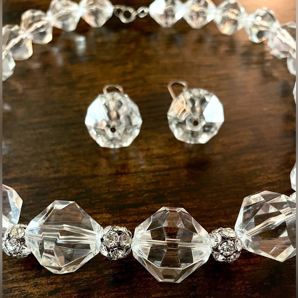 Vintage Clear Acrylic Bead Necklace & Earrings Rhinestones Rock Crystal Art Deco